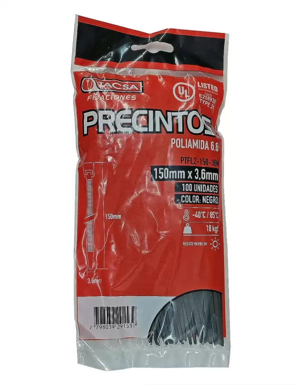 PRECINTO PLASTICO 200mm x 4,6mm x 100 Un. NEGRO  - PTFL4-200-46