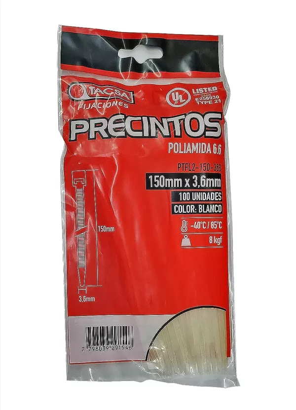 PRECINTO PLASTICO 400mm x 4,6mm x 100 Un. BLANCO  - PTFL8-400-46